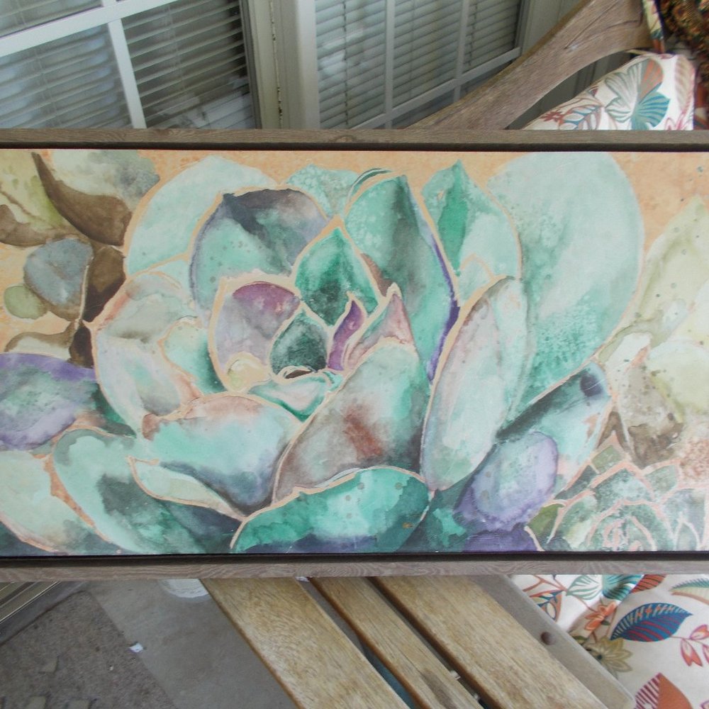 Gorgeous large aqua acrylic floral painting, framed